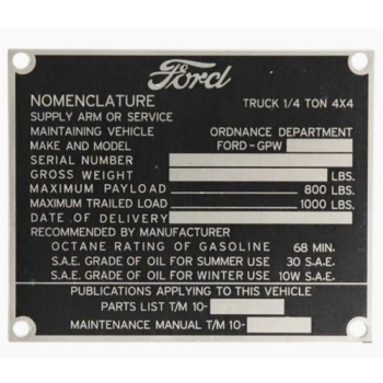 Ford GPW Dashboard Data Plate Type Plate 01/43-01/44