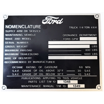 Ford GPW Dashboard Identification Id Plate Zinc Color 01/44-07/44