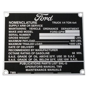 Ford GPW Dashboard Identification Id Plate 07/44-06/45