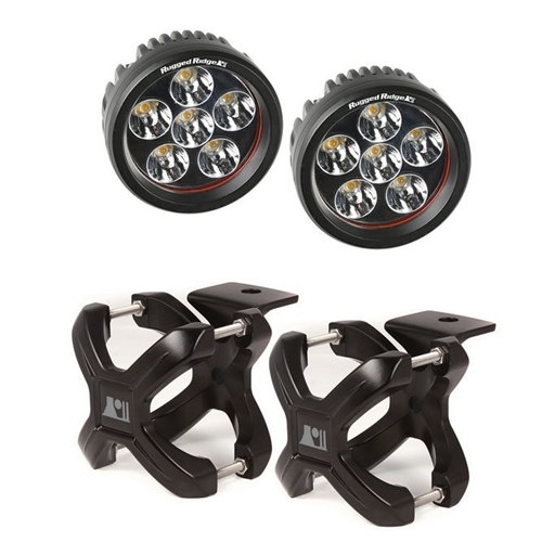 2pcs. Set round 18 watt 3.5" LED lights with two black X-Clamps Ø 1,25" to 2"