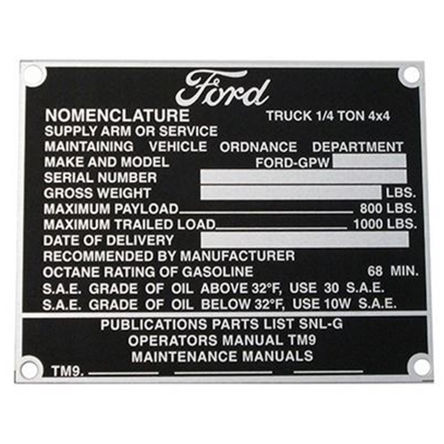 Ford GPW Dashboard Identification Id Plate 07/44-06/45